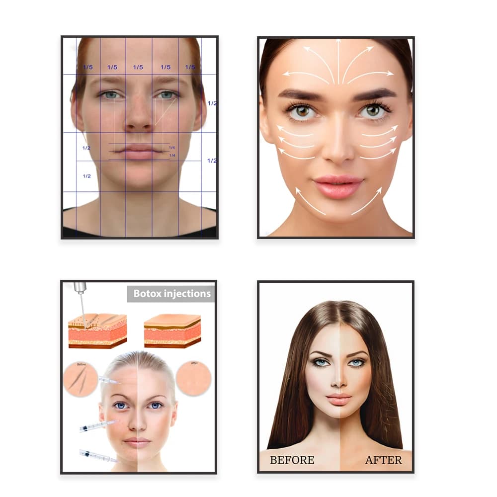 Face lift plastic surgery, human face proportions, rejuvenation skincare facial massage, visual aid and medical spa poster