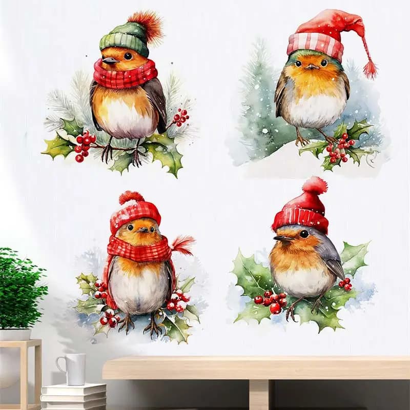 Christmas Robin Bird Animals Wall Sticker Bathroom Toilet Living Room Decor Cabinet Refrigerator Home Decor Decals M1075