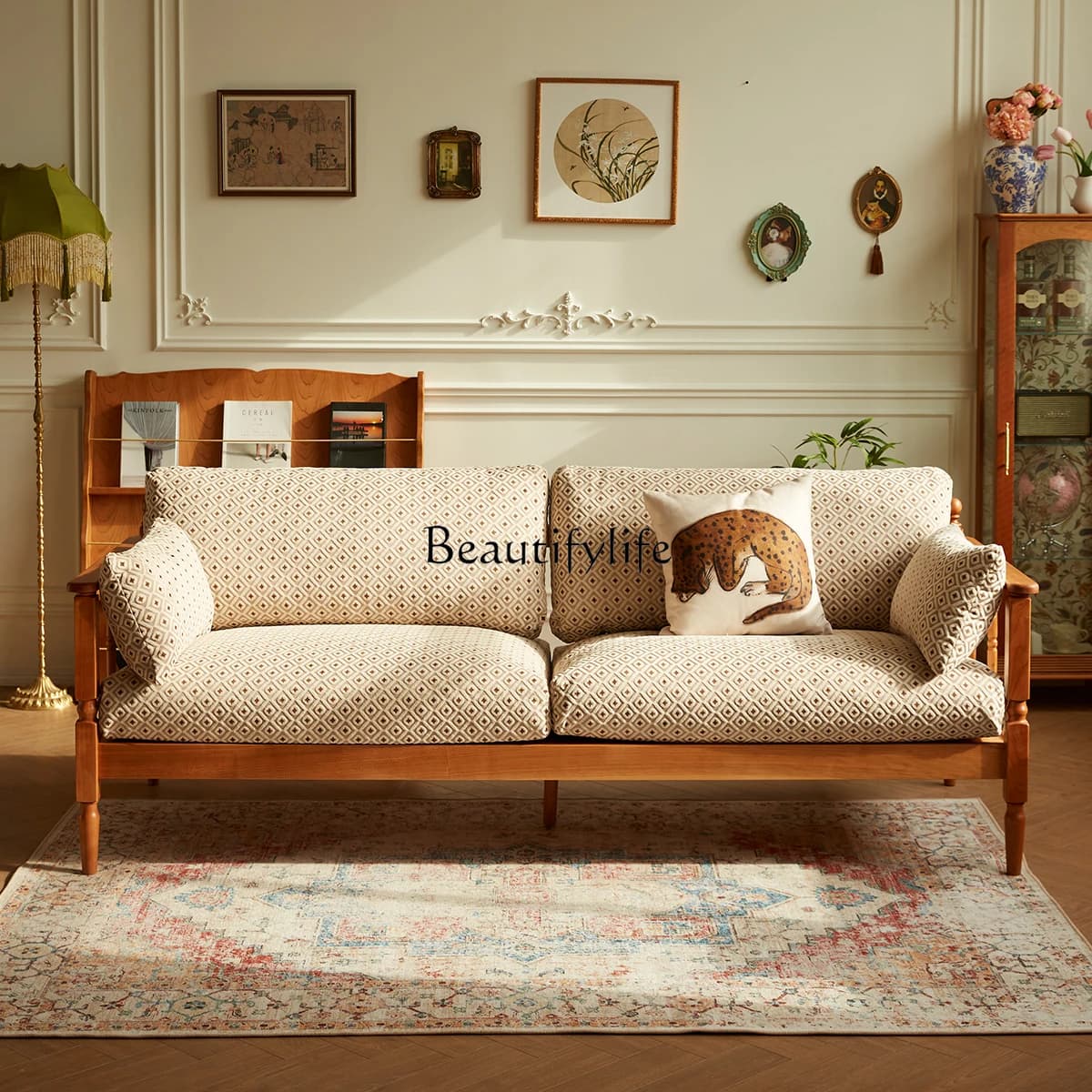 04Solid wood fabric sofa retro down living room French small apartment removable sofa