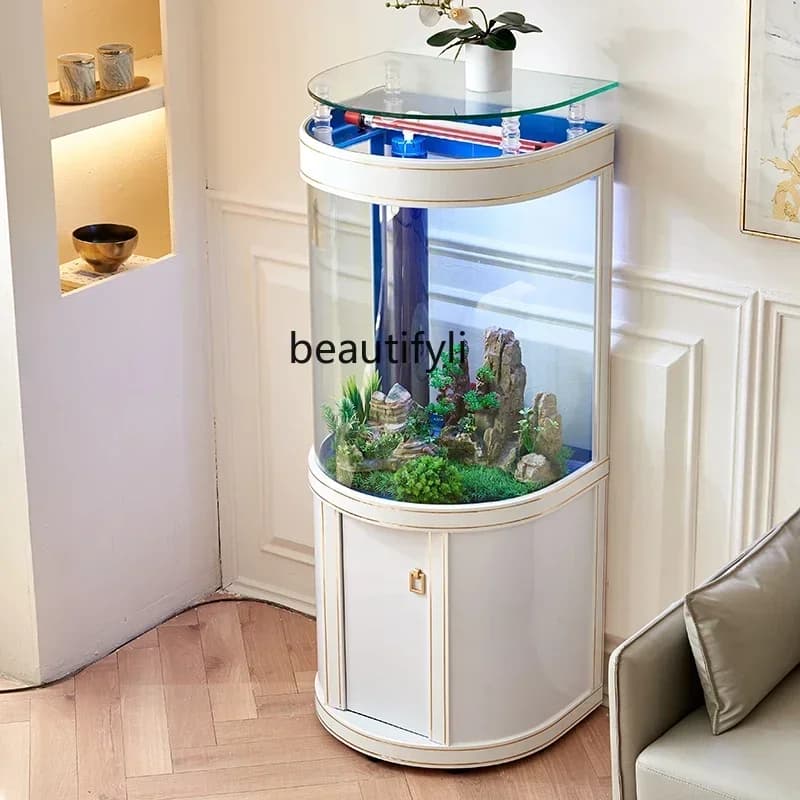 Q181  Light luxury fish tank living room household family TV cabinet next to semi-circular bottom filter glass aquarium ecology