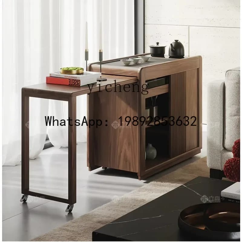 X6  Black Walnut Tea Cart Mobile Side Table Living Room Household Solid Wood Tea Table Balcony Tea Table