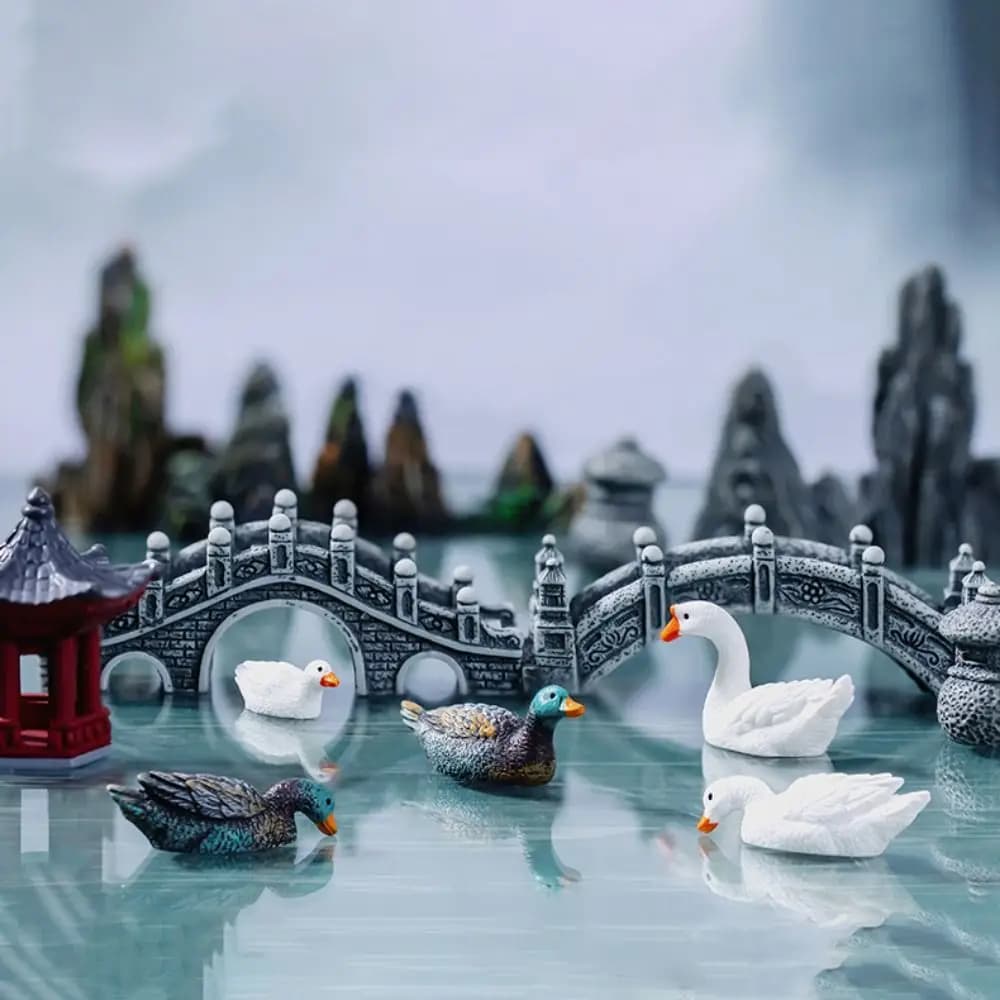 Decorative Rockery Pavilion Bridge Simulation Resin Goose Micro Landscape Ornaments LIfelike White Duck Statue Landscape