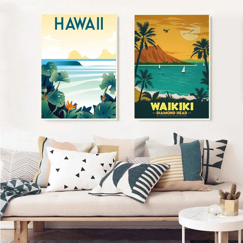 Summer Surfing at Waikiki Hawaii Travel Canvas Painting Prints Vintage Poster Coastal Wall Art Pictures Home Decor Gifts Idea