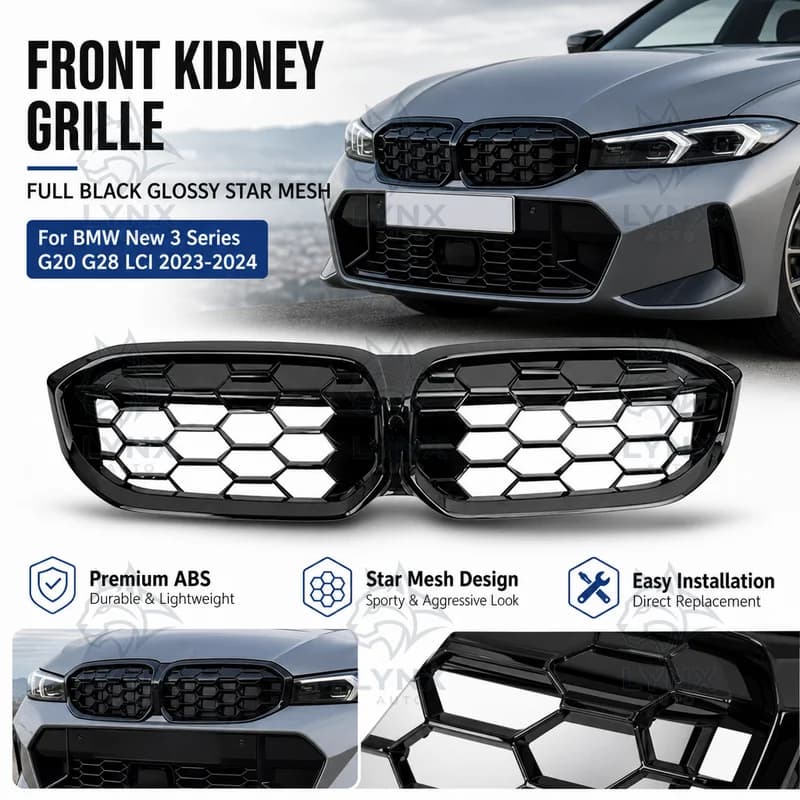 For BMW New 3 Series G20 G28 LCI 2023 2024 Front Kidney Grille Full Black Glossy Star Mesh Upgrade ABS Material
