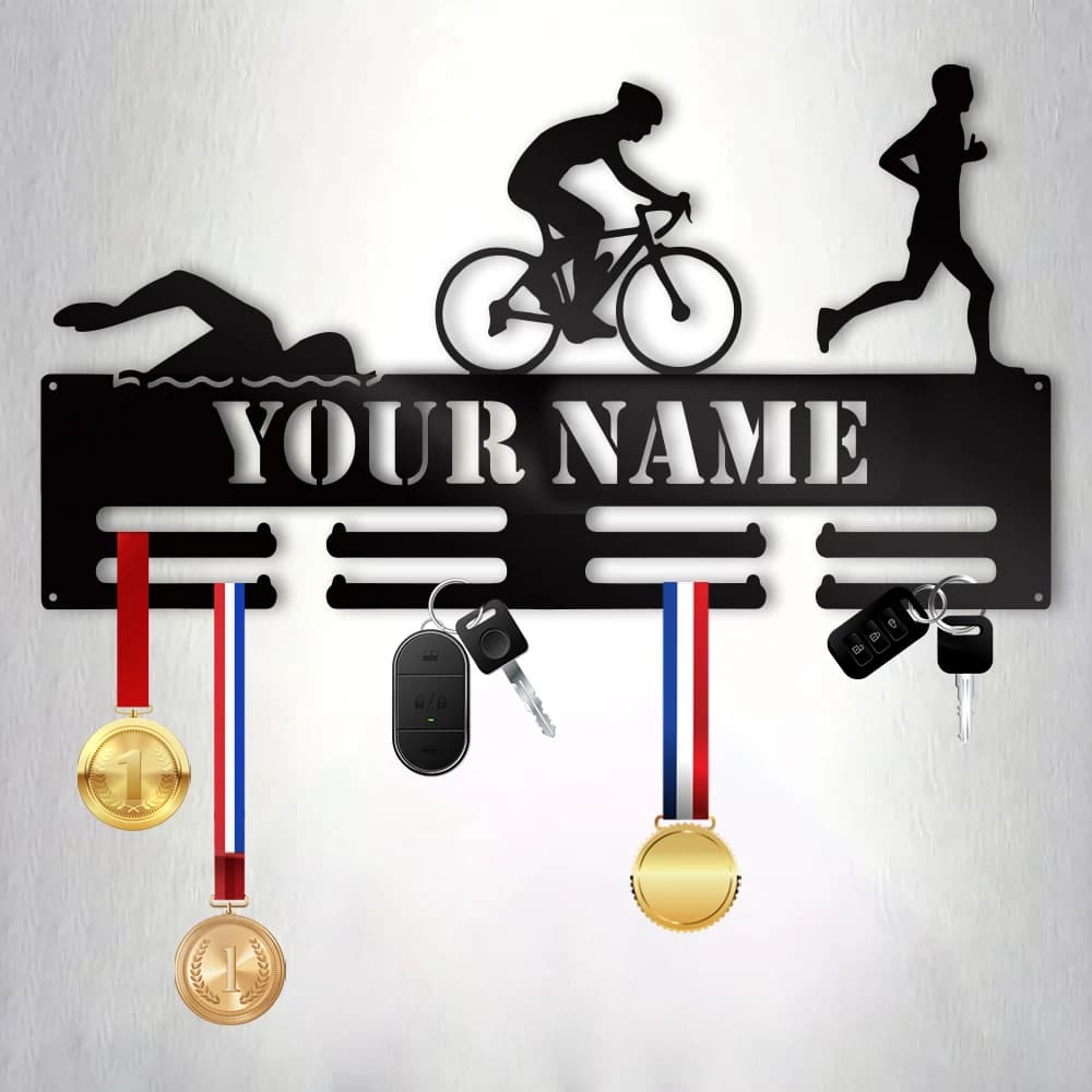 1pc Triathlon medal hooks Hanging key creative Customized Name Metal Wall Signs Iron Wall Plaque For Wall Decor