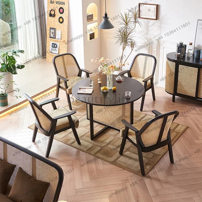 Modern simple solid wood rattan round table small apartment household hotel dining table and chairs