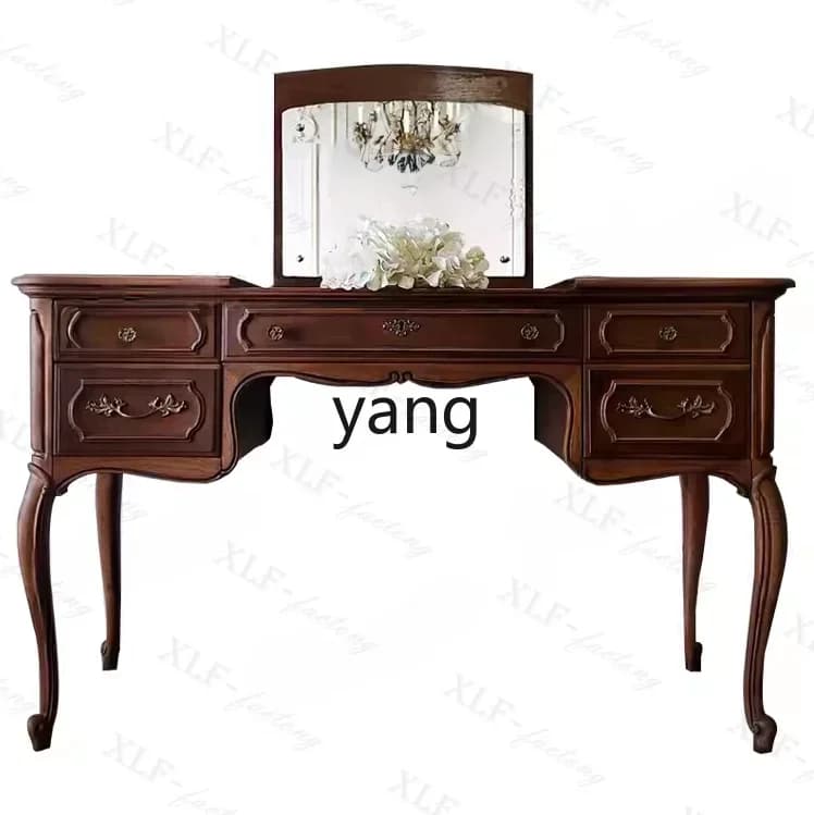 LTT French solid wood mirror dresser European carved old retro light luxury makeup table