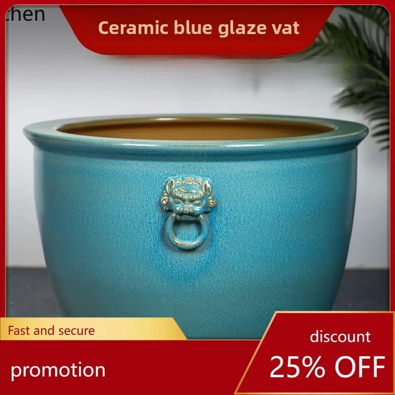 CZ Blue Glaze Lion Ear Vase Lotus  Ceramic Fish Tank Extra Large Antique Lion Head Courtyard Ceramic Large Vase