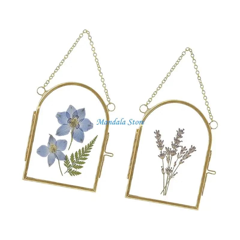 U2JC 2Pcs Pressed Flower Frame Double Glass Display Hanging Miniature Photo Frame With Metal Chain For Home Wall Decors