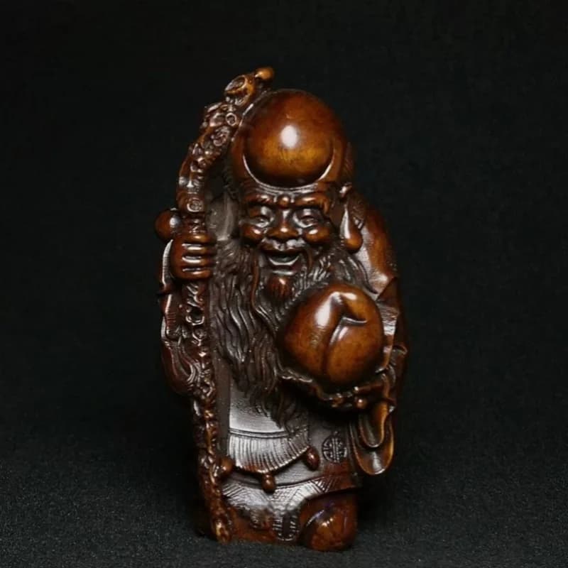 3.5 Inch Hand carved Boxwood Wood God of Longevity Figurine Statue Collectable