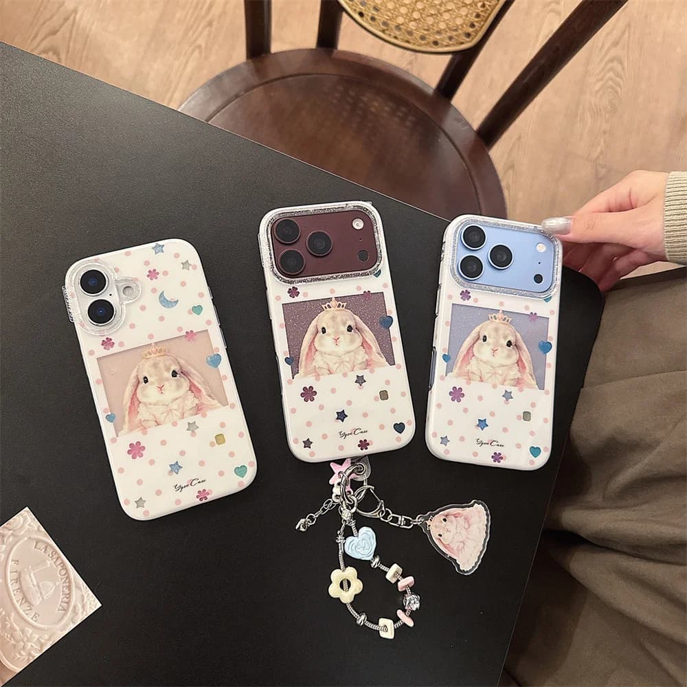 Korea Ins Polka Dot Crown Bunny Phone Case Colors Cute Rabbit Photo Print Kawaii Shockproof Cover For iPhone 18 17 16 15 Pro Max