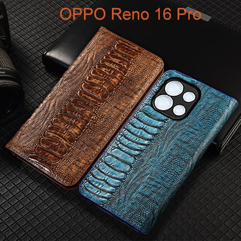 Ostrich Pattern Genuine Leather Flip Case For OPPO Reno 16 Pro Phone Cover Card Cases Scratch Proof