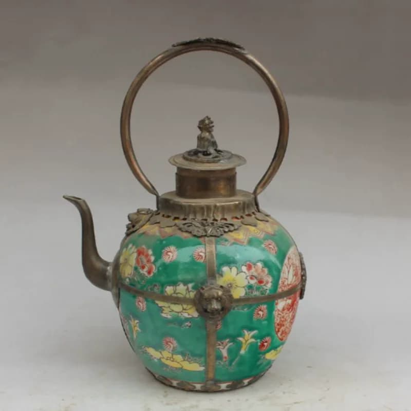 Antique Copper Collection Tibetan silver Teapot Wine Pot Water Pot Cloisonne Enamel Ruyi Pot Folk Art Crafts