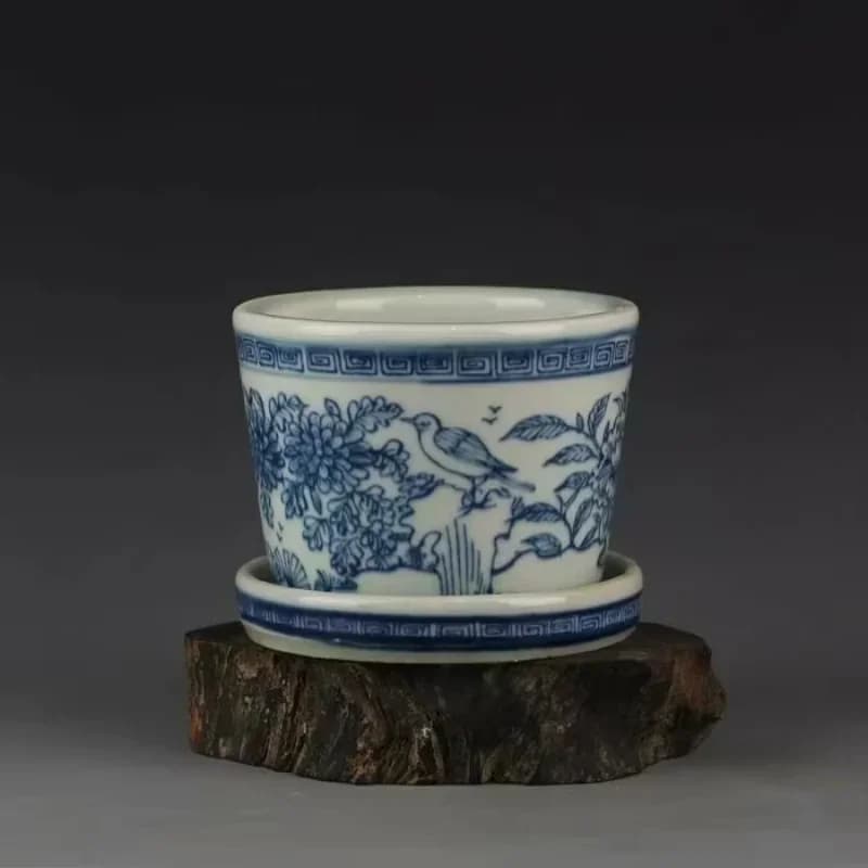 3.9' Old Antique Porcelain Kiln Blue and White Flowers Bird Pattern Flowerpot