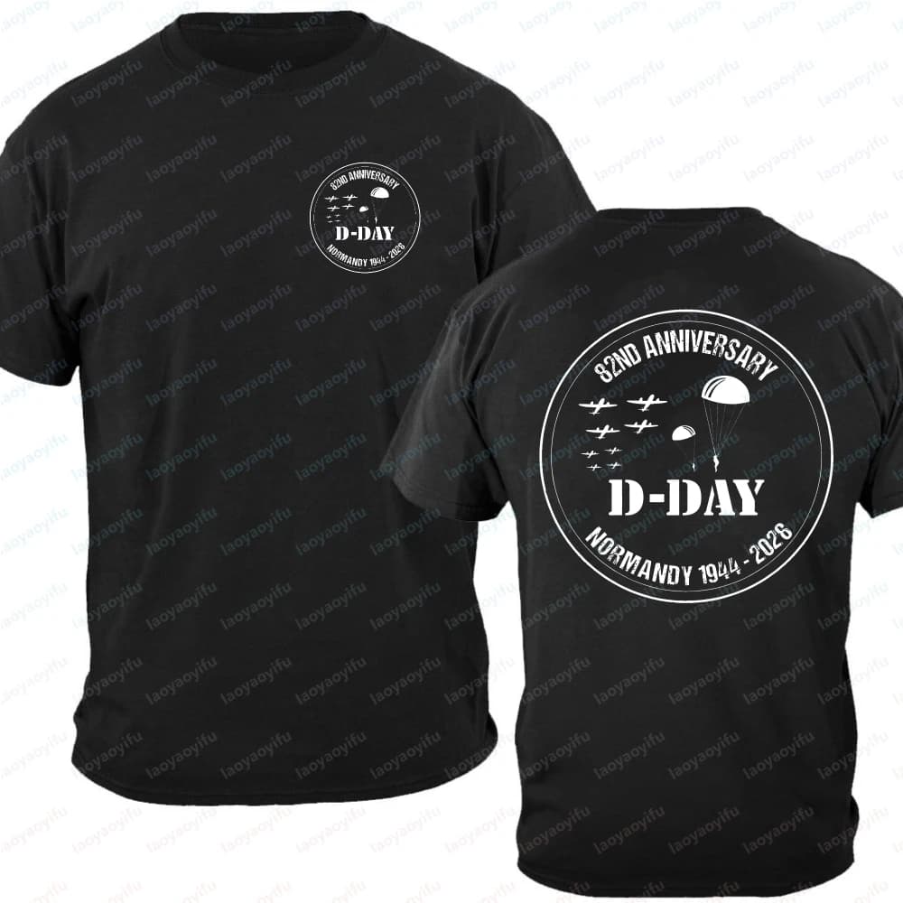 82nd Anniversary D-Day Normandy Landing 2026 T-Shirt Men's Airborne Parachute Plane WWII Double-Sided Print White Cotton Tops