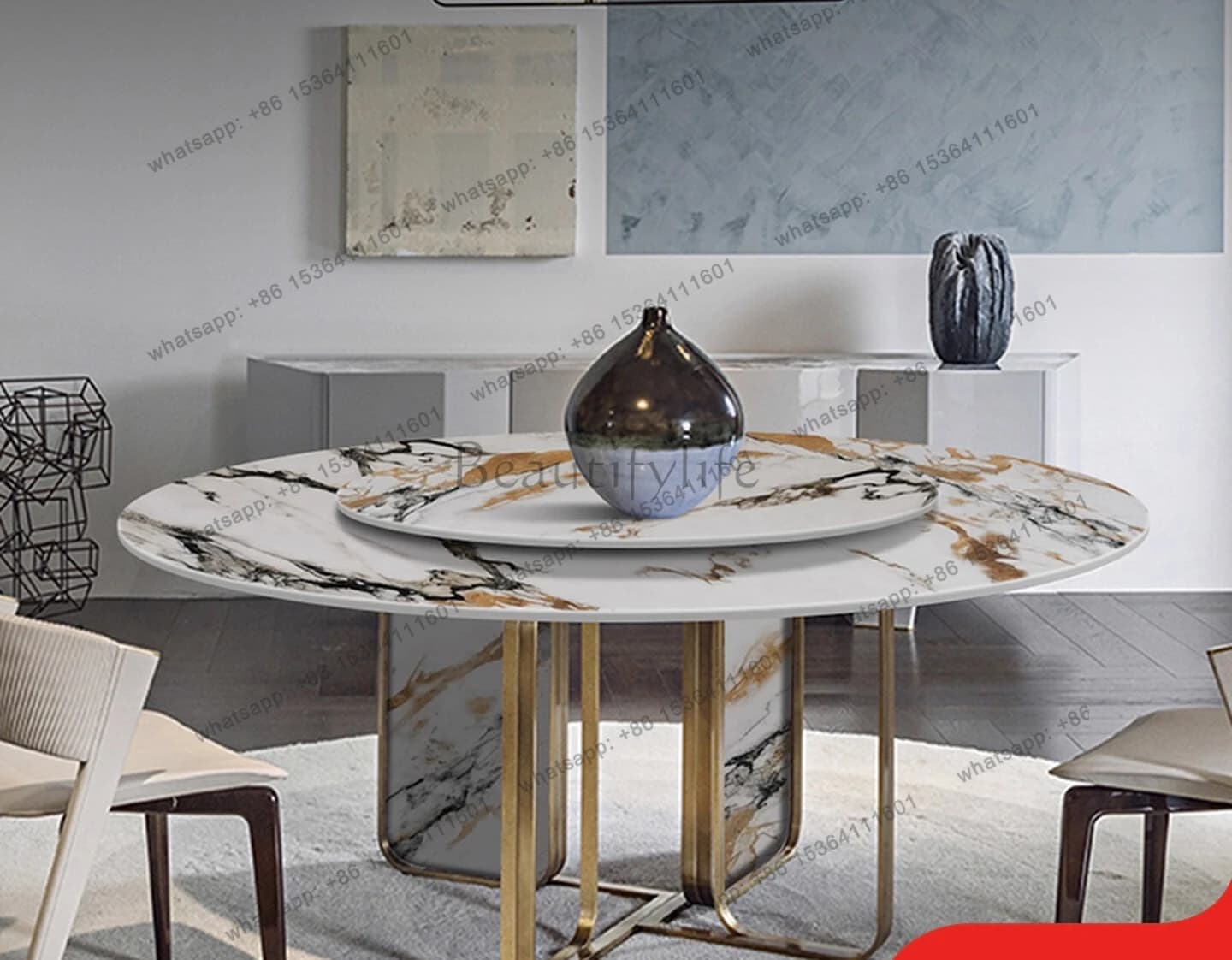 Italian rock slab dining table Modern light luxury round table with turntable all marble