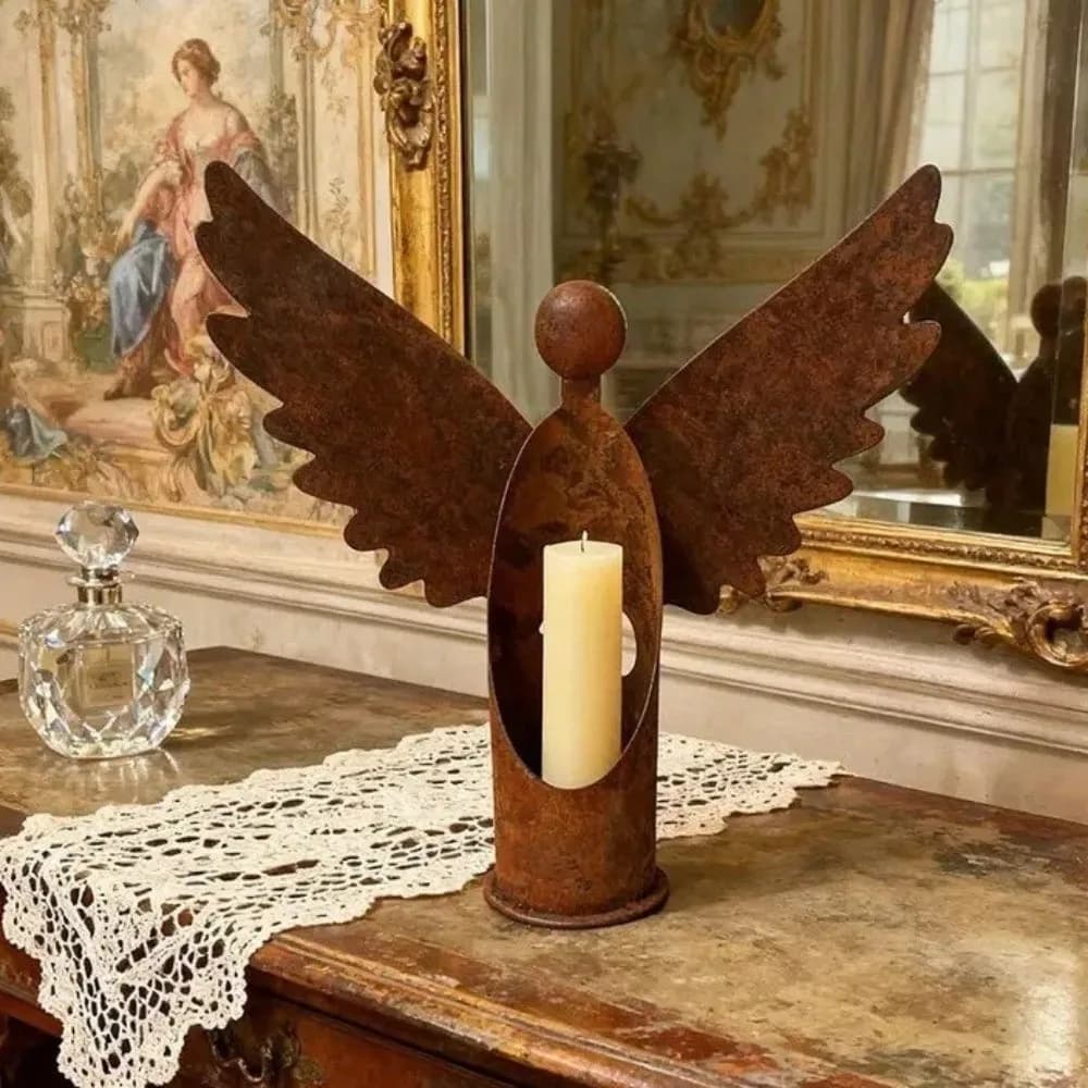 Romantic Rust Angel Candle Holder Metal Vintage Tabletop Candle Holder Handcrafted Candlestick Patio Decor