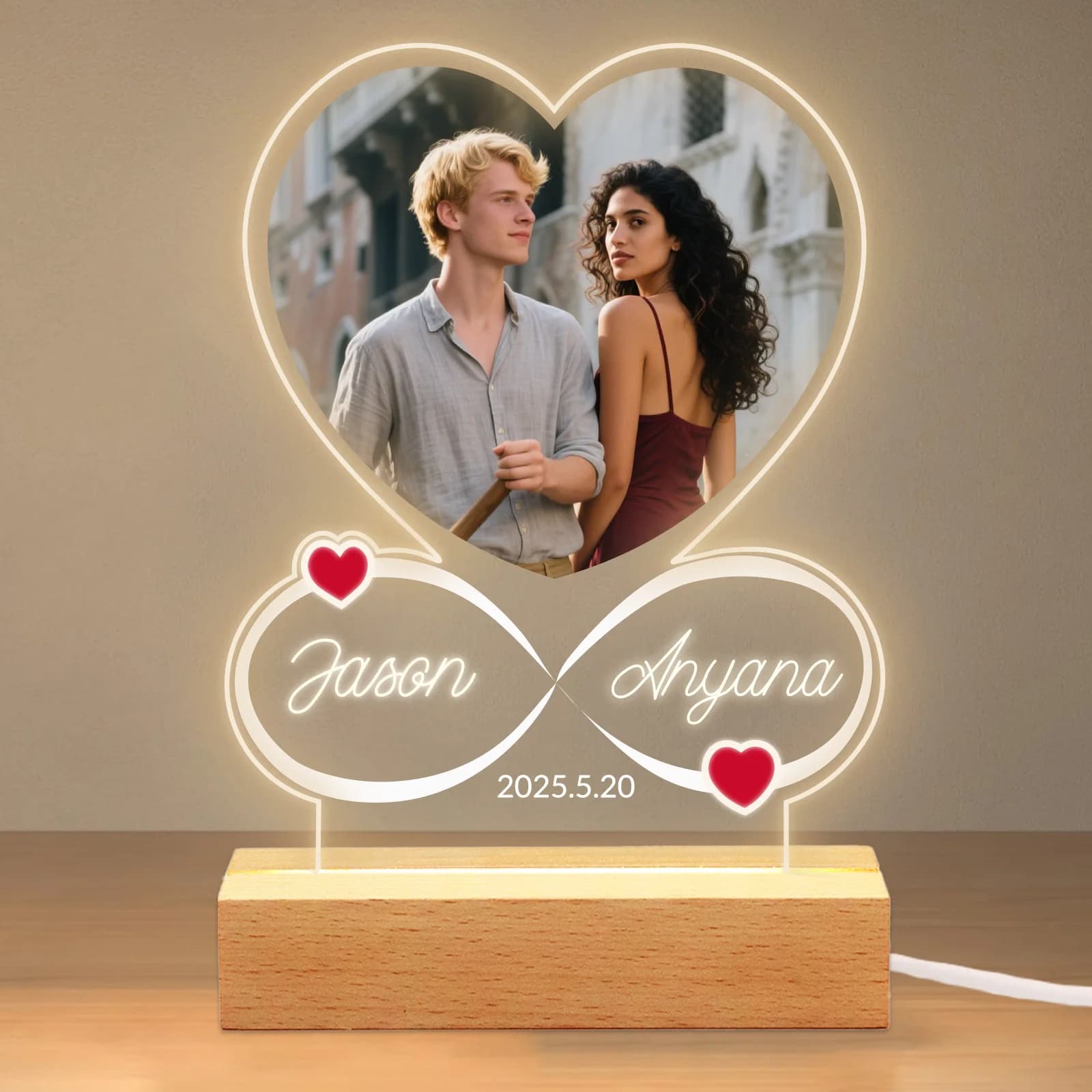 Personalized Couples Gift for Women Men,Custom Acrylic Photo Frame Night Light Heart,Romantic New Years Valentine‘s Day Presen
