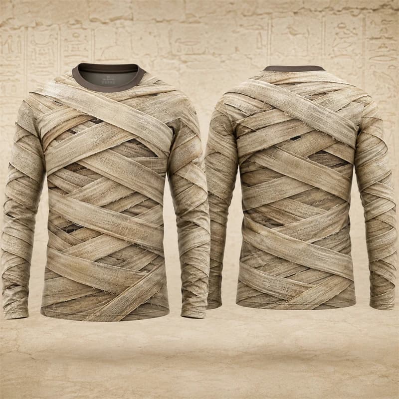 Novelty Men Long Sleeve T‑Shirt Realistic Mummy Wrapped Bandage 3D Print Tee Halloween Cosplay Casual Fashion Top Festival Party