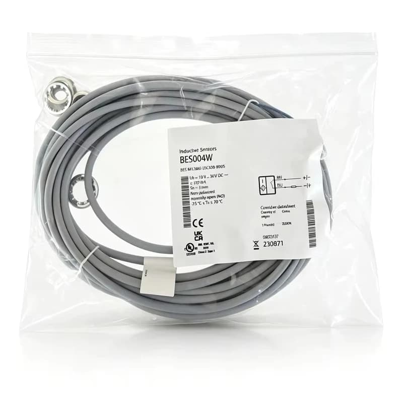 BES004W M12 Flat Inductive Proximity Sensor 3mm 2-Wire NO 5m Cable IP67 10-36VDC Brass Housing