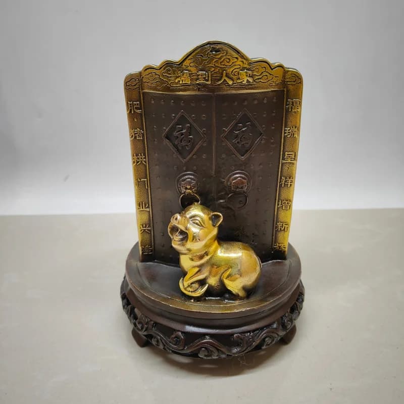 Antique Brass and Gilt Fortune Ornament, Copper Animal Pig Decorative Craft