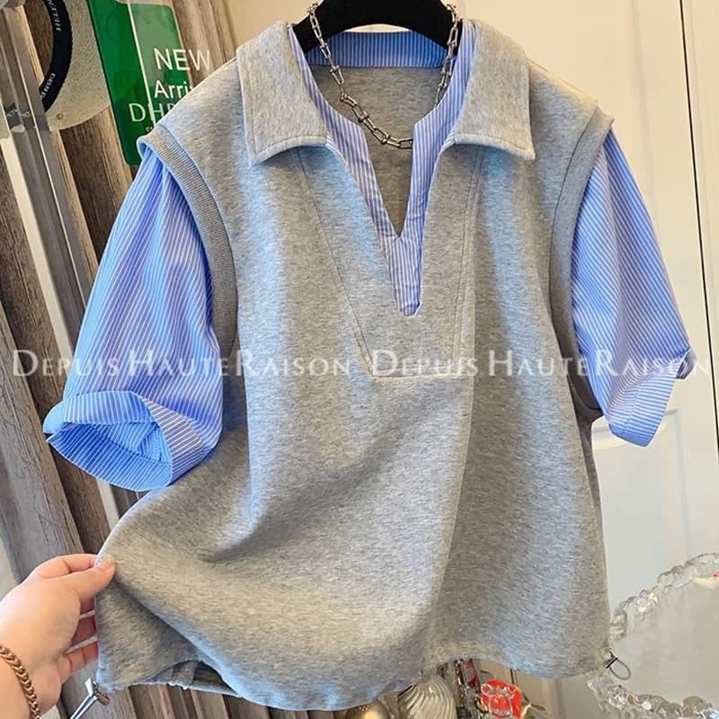 Summer Striped Spliced Hit Color Men Short Sleeve Polo T Shirt Fake Two Piece Teenager Fashion All-match 2xl Oversize Top Unisex
