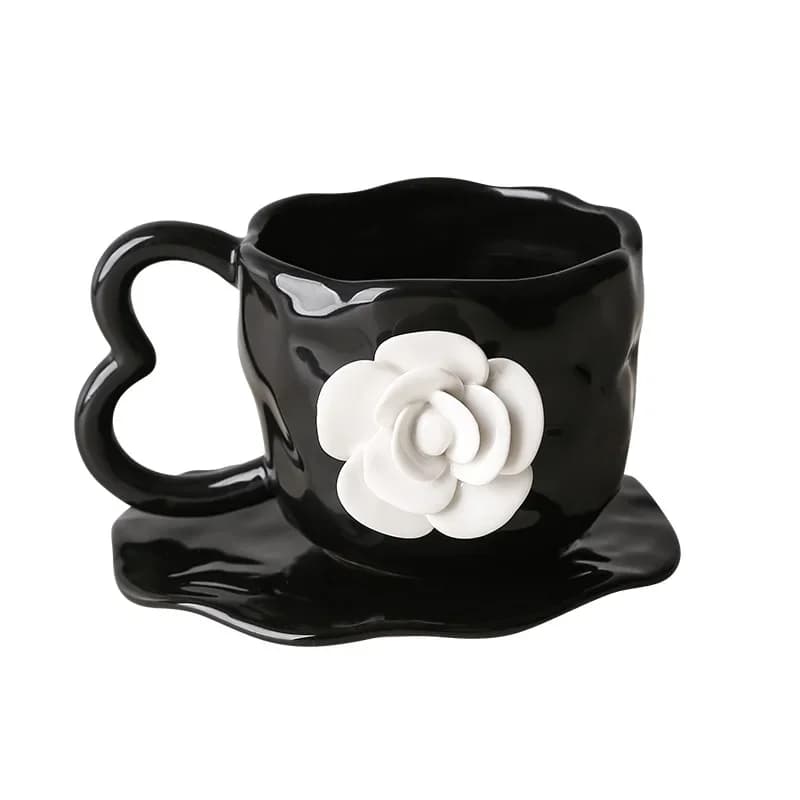 Hand-squeezed flower coffee cup saucer ceramic three-dimensional relief  creative mug flower cup high value camellia