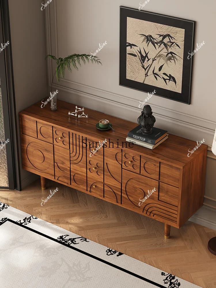 Nordic solid wood dining side cabinet, drawer storage, retro carved side cabinet  FT
