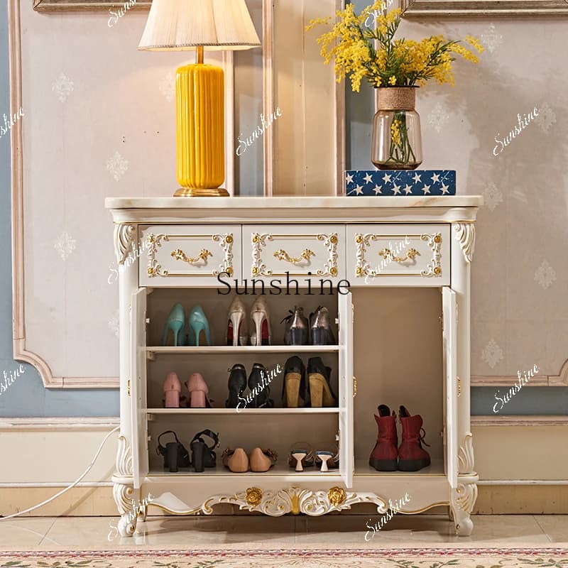 European solid wood white marble household simple entrance foyer cabinet  FT