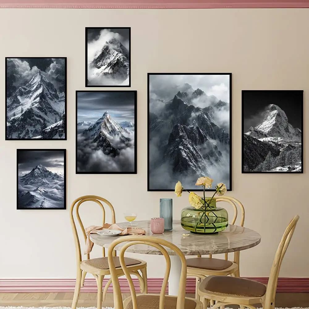 Black White Snow Mountain Poster, Misty Peak Cloudy Landscape Wall Art Print, Monochrome Nature Scenery Living Room Bedroom