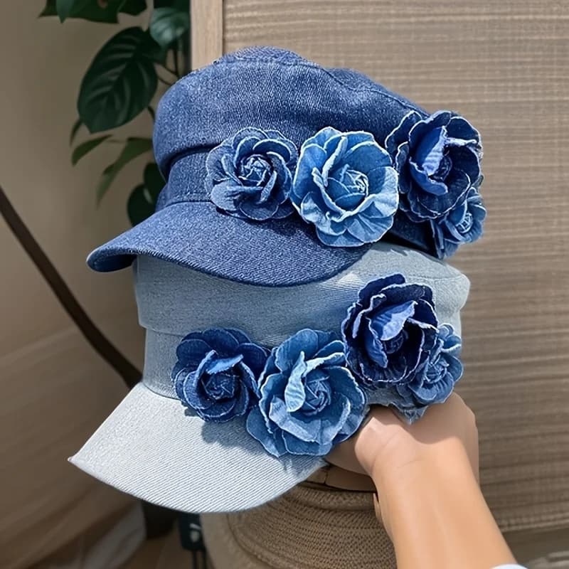 Fashion Denim Painter Torpedo Hat, Rose Design, A Must-Have For Going Out, Parties, Dates, Outdoor Hiking, Camping, And Cycling