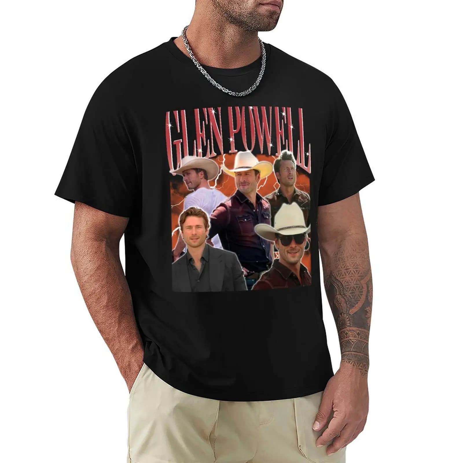 Retro Glen Powell Actor T-Shirt croswit shirt man tees baggy shirts men tshirt