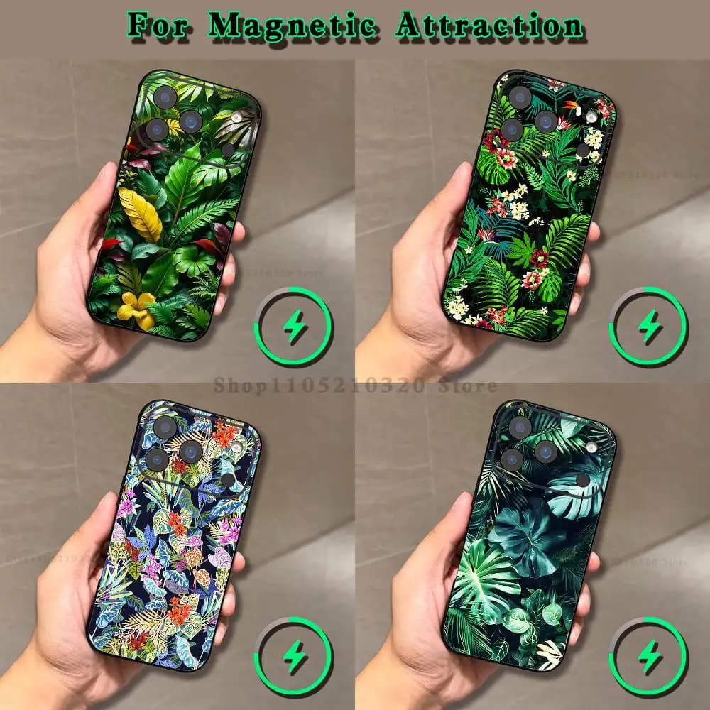 Palm leaves  green plants  flowers Phone For iPhone 17,12,11,16,15,13,14,Pro,Max,Plus,Mini, For Magsafe,Magnetic Charging Case