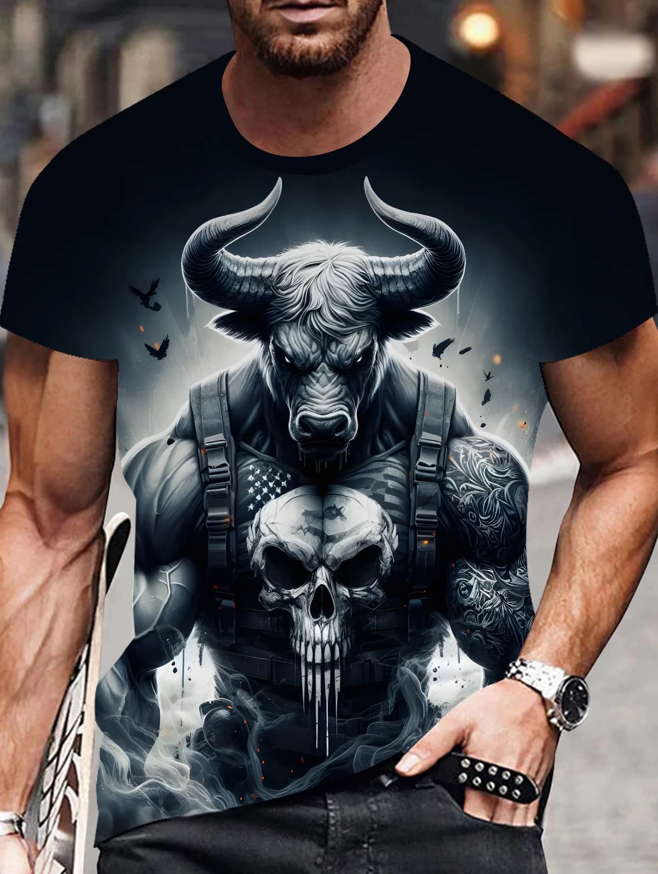 Funny 3D Cattle Warrior Print Men's T Shirt Hip Hop Trend Harajuku Streetwear Casual O-neck Short Sleeve Tops Fashion Skull Tees