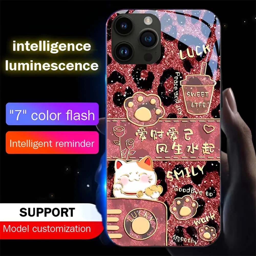 Luxury Fortune Cat Luminous Glass LED Call Light Up Flash Phone Case Cover For Samsung S26 S25 S24 S23 S22 S21 Plus Ultra
