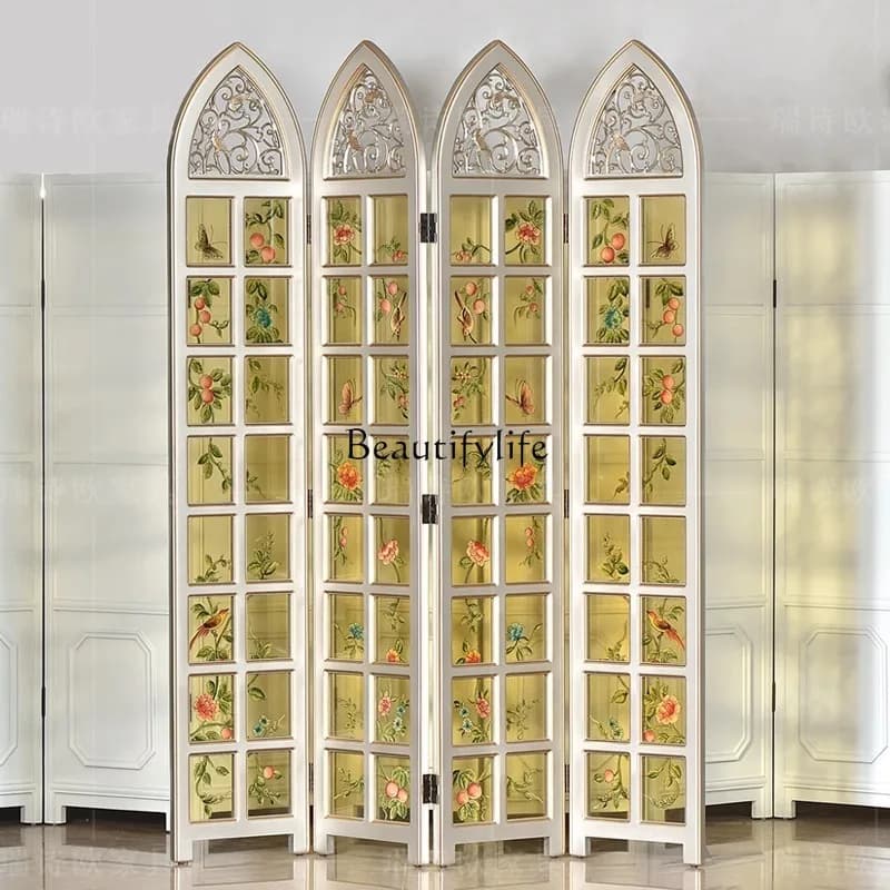 3American country court style folding screen golden flower and bird translucent glass living room partition screen retro style