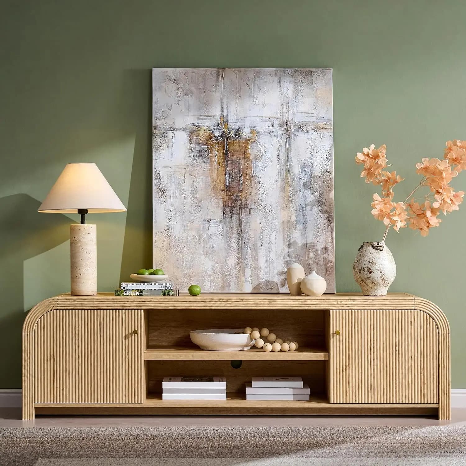 70" Modern Fluted TV Stand with Storage, Natural Oak | For TVs up to 80", Entertainment Center, Modern Media, Customized