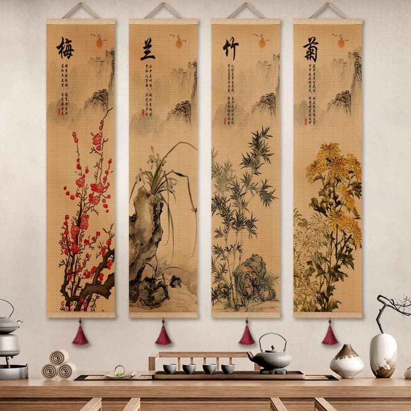 Japanese Zen Karesansui Bamboo Scroll Wall Tapestry - Ink Wash Calligraphy Hanging, Natural Material Room Decor Aesthetic