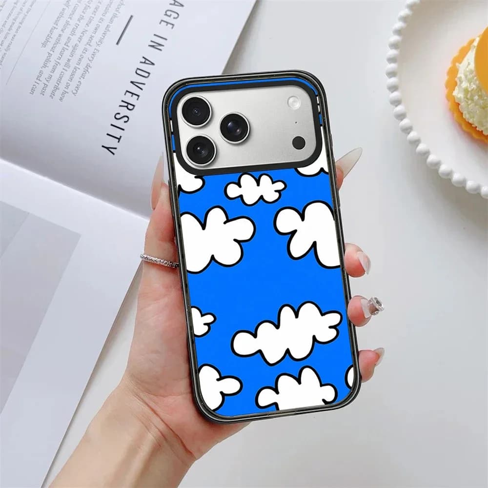 Simple Blue Sky and White Clouds Pattern Impact Black Magnetic Phone Case Cover for IPhone 12 13 14 15 16 17 18 Pro Max Case