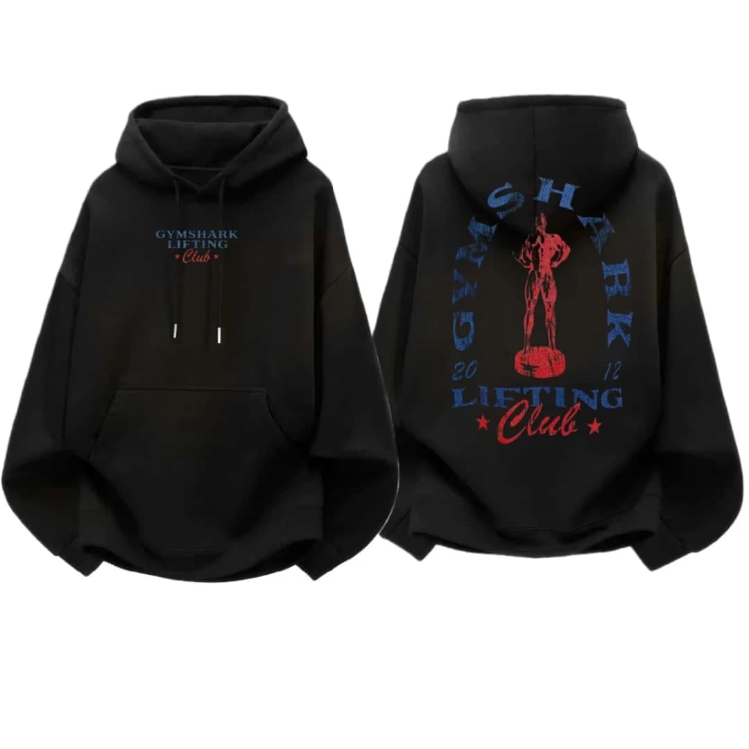 GYM SHARK Men's Loose Fitness Hoodie Hoodie, Retro Fitness Trophy Pattern Print, Loose Sports Hoodie