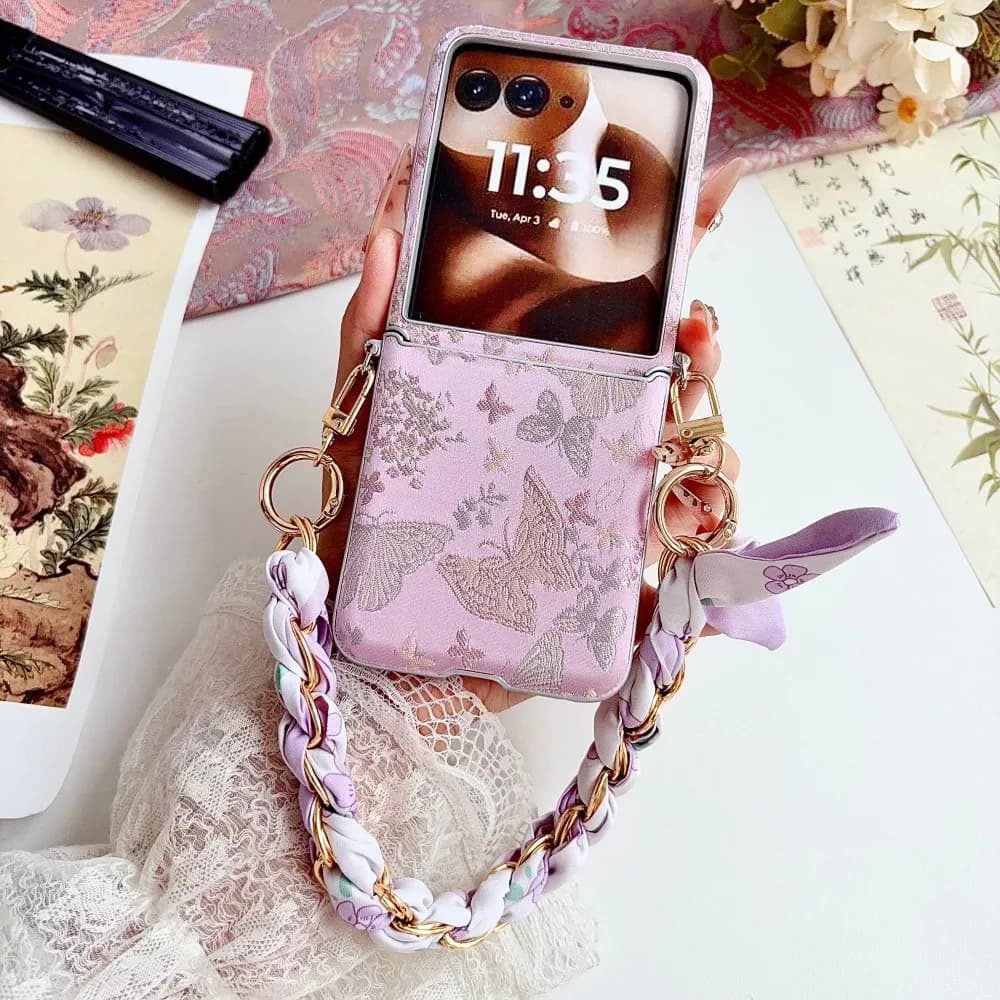 For Motorola Moto Razr 50 60 70 Ultra Embroidery Butterfly Phone Case Axis Hinge Protective PC Shell Bracelet Back Cover