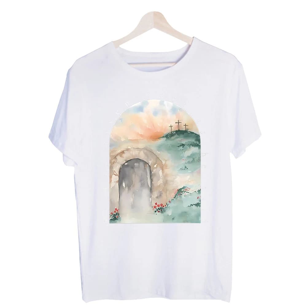 Men's Easter Tomb Graphic Tee, Short Sleeve Crew Neck T-Shirt for Religious Celebrations and Casual Wear