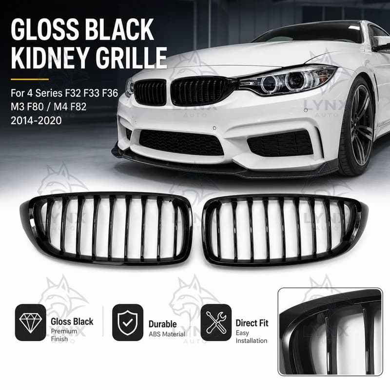 For BMW 4 Series F32 F33 F36 M3 F80 M4 F82 Single Line Gloss Black Front Bumper Kidney Grille Replacement 2014-2020