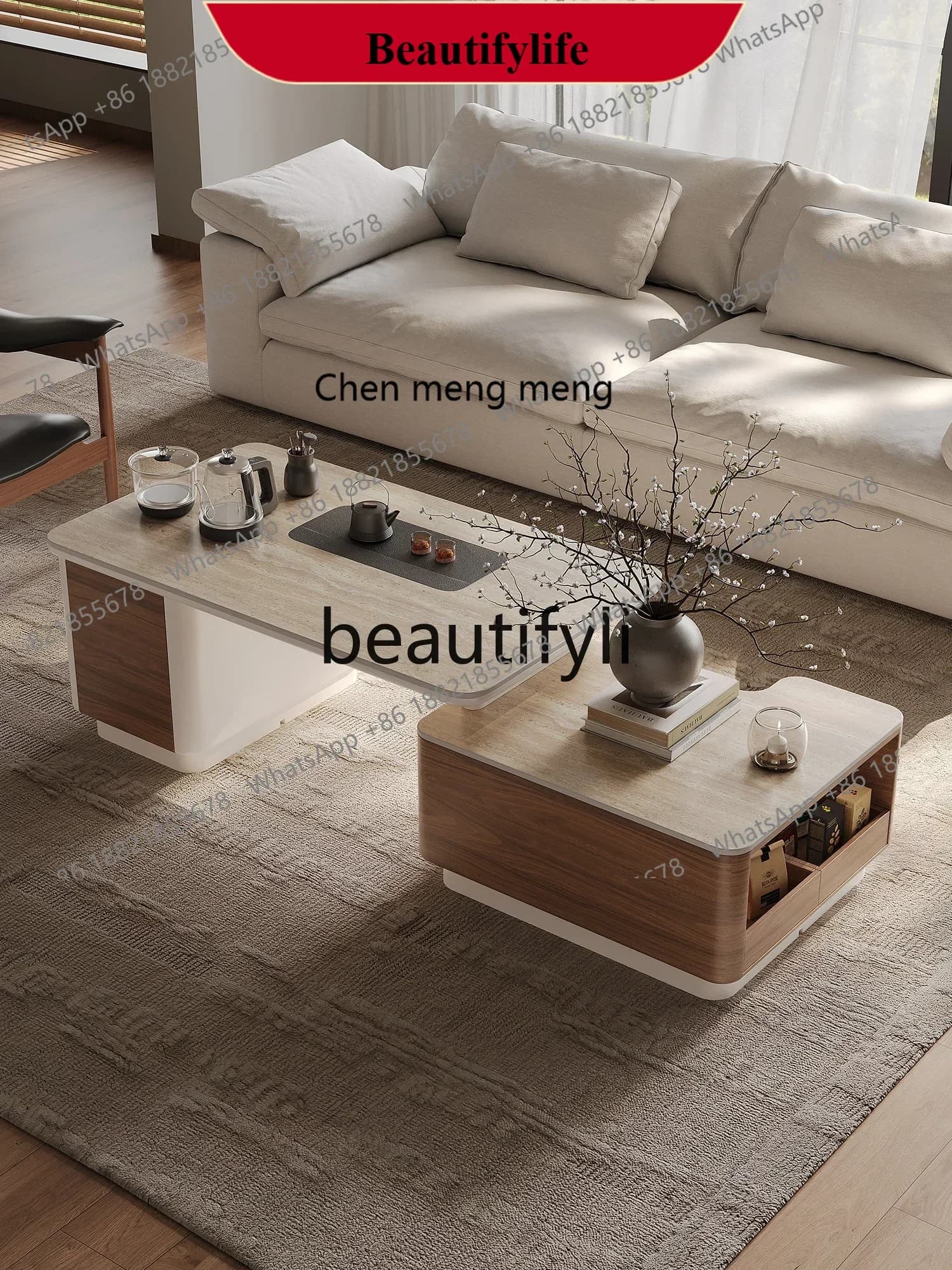 D178  Retractable coffee table living room home new travertine rock slab advanced light luxury tea table