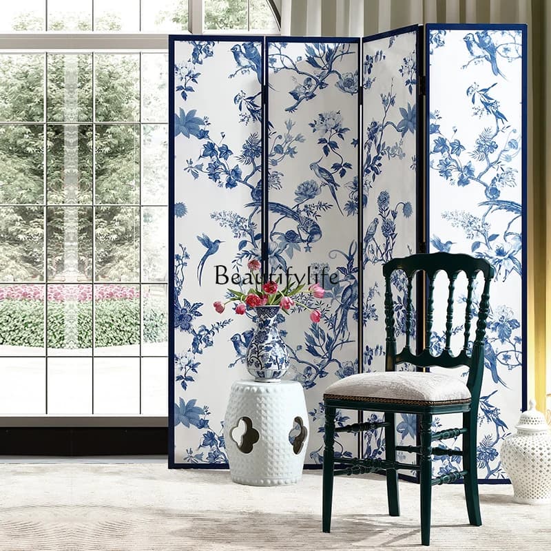 Porcelain white French Chinese style blue and white folding art screen retro partition mobile