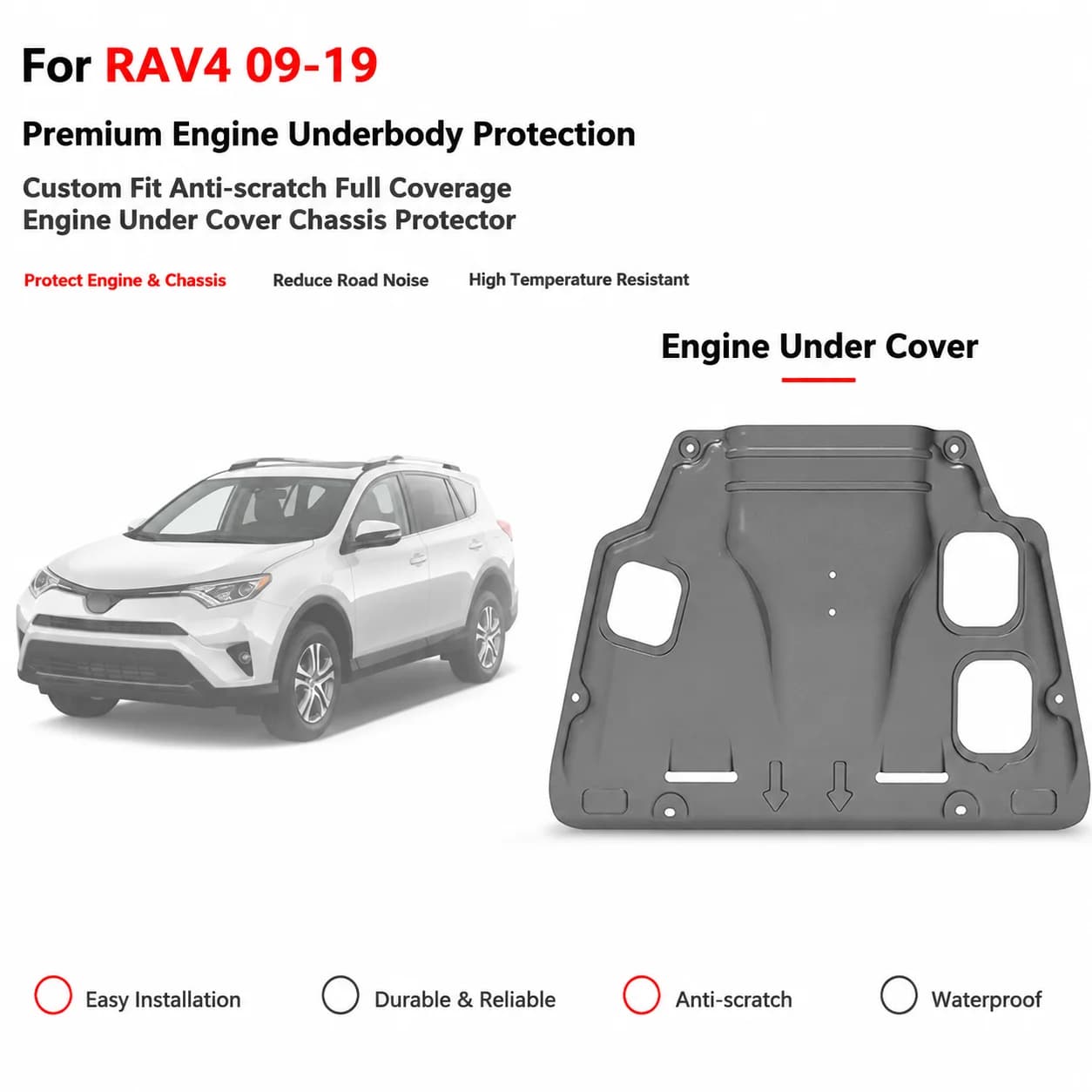 Full Coverage Engine Skid Plate, Custom Fit Underbody Protection Replacement Part for Toyota RAV4 2009-2019 2.4L 2.5L