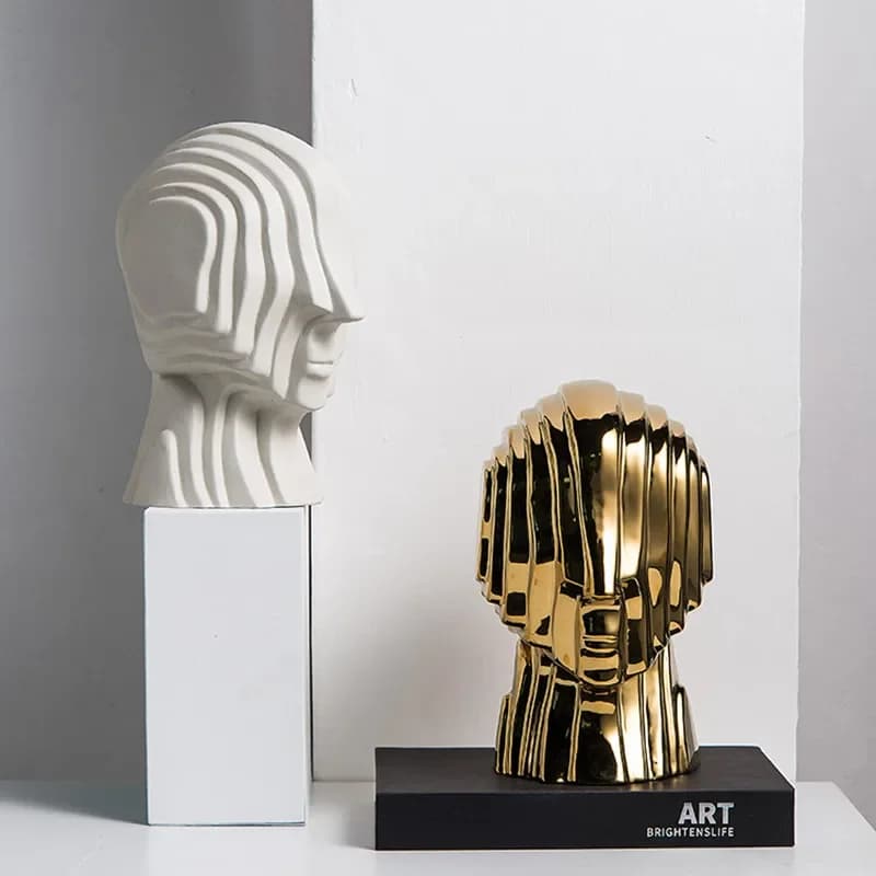 Abstract figure sculpture Ceramic geometric head fringe Golden man alien decorative figurines home decoration accessories