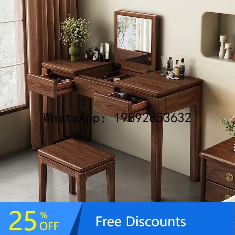 LYY Black Walnut Solid Wood Dressing Table Storage Desk Home Bedroom Vintage Style Makeup Table for Various Sizes