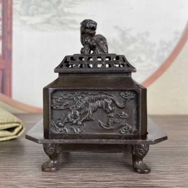 Relief Incense Burner Four Beasts Incense Burner Home Indoor Decoration Lion Cover Square Incense Burner Four Beasts Three-Body