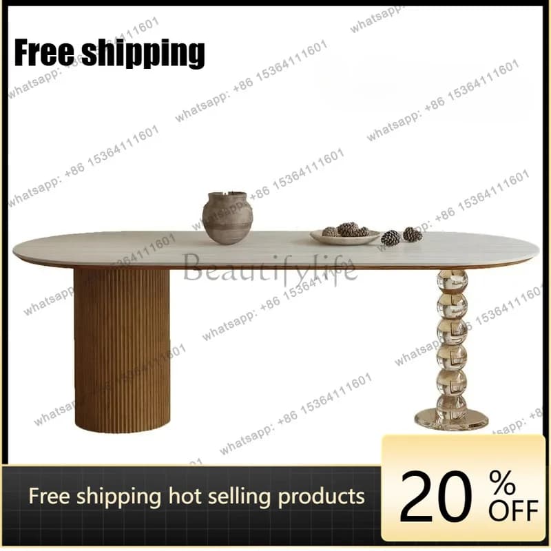 zj.French Retro Travertine Rock Slab Dining Table Household Small Apartment Oval High-end Acrylic Leg Dining Table
